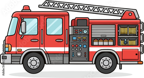 Red Fire Truck Vector with Ladder, Lights, Hose Storage and Control Panel