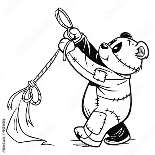 Minimalist line art illustration of a stitched teddy bear character pulling a rope.