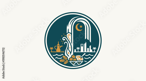 Elegant Saudi Arabia Emblem with Food and Landmarks