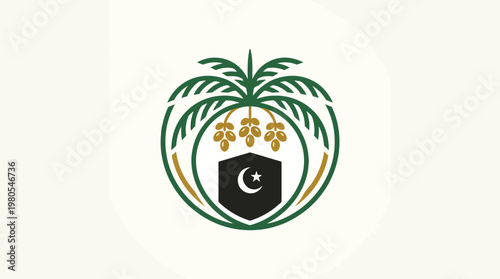 Islamic Emblem with Palm Tree Dates and Kaaba Symbol