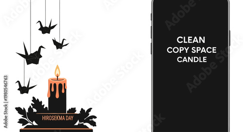 Hiroshima Day memorial concept with black candle and paper cranes.