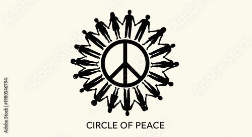 People standing in a circle holding hands around a peace symbol.