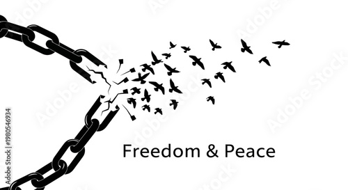 Broken iron chain links transforming into a flock of flying birds.