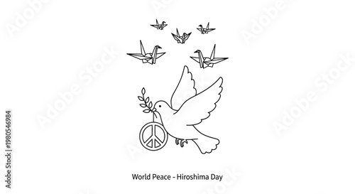 Line art illustration of a dove carrying an olive branch and peace symbol for Hiroshima Day.