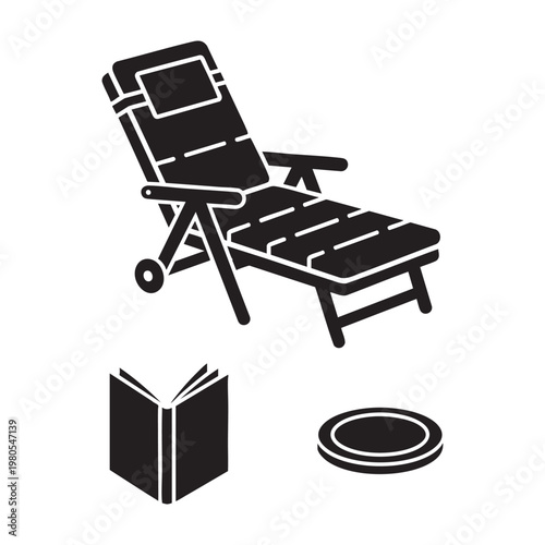 Summer relaxation icons with lounge chair and a book