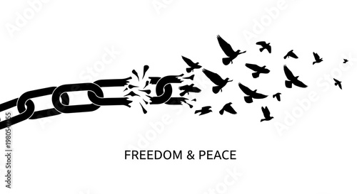 Broken iron chain links transforming into a flock of flying birds.