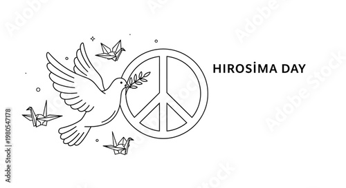 Hiroshima Day memorial design with a dove and peace symbol.