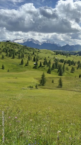 Dolomites, Italy. Landscape at the meadows at high altitudes forming soft hills. Marmolada glacier in the background