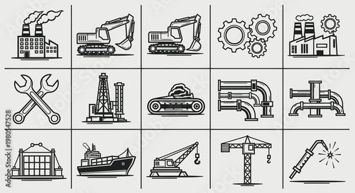 Heavy Industrial Manufacturing Construction and Engineering Vector Icons