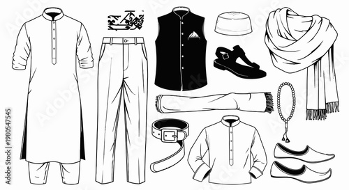 Traditional Muslim Men Clothing and Accessories Vector Set