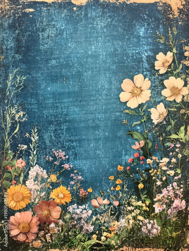 Vintage floral background wildflower border rustic blue texture botanical frame spring flower meadow retro nature design distressed painted wall blank card template garden floral art grunge paper