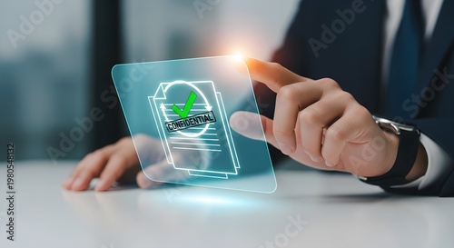 Businessman Hand Touching Virtual Digital Screen with Confidential Data Protection and Document Encryption Concept
