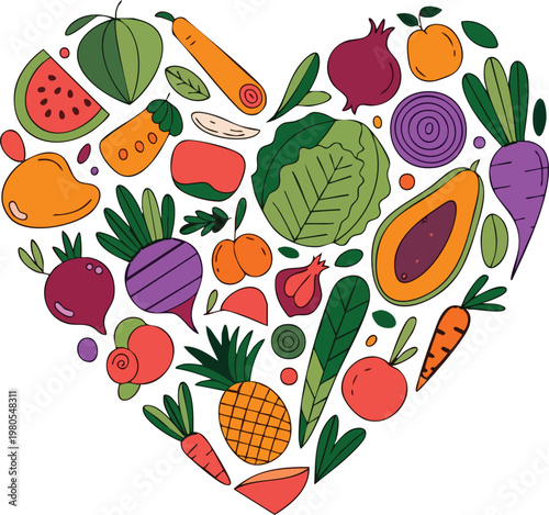 Healthy Heart Concept – Fruit and Vegetable Heart Shaped Vector Illustration