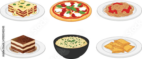 Delicious Italian Food Icons Set Featuring Pizza, Pasta, Lasagna, Tiramisu, and More for Culinary, Restaurant, and Food Delivery Themes