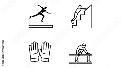 Sport Icons: A collection of dynamic sport icons, depicting various actions like a sprinter, a person on stairs, safety gloves, and a gymnast on parallel bars. Representing the essence of athleticism.