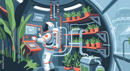 Astronaut Tending Plants in Space Station Greenhouse Illustration