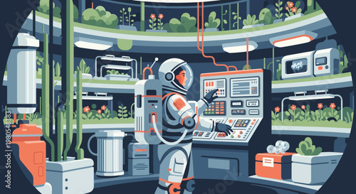 Astronaut Operating Control Panel in Space Station Greenhouse Lab