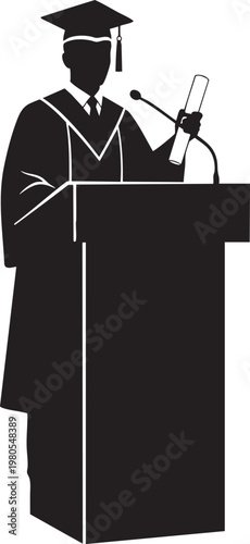 Graduate speaking at a podium with a diploma public speaking black and white graduation day
