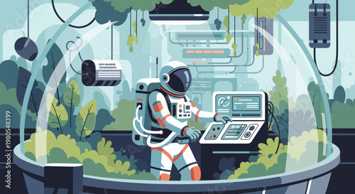 Astronaut working in futuristic greenhouse dome laboratory illustration