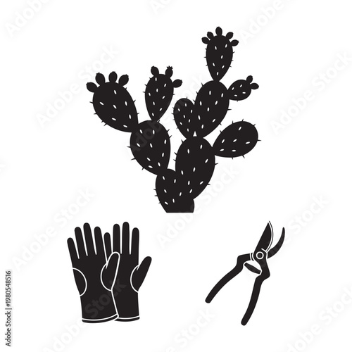 Desert garden icons with cactus gloves and pruning shears