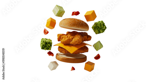 Floating ingredients of a chicken burger with cheese isolated on transparent background