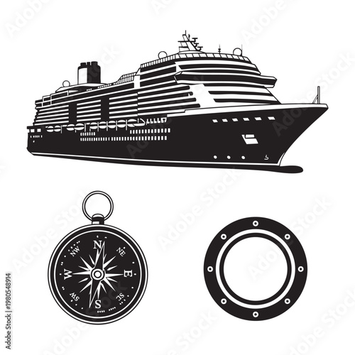 Cruise ship travel icons with compass and ship porthole