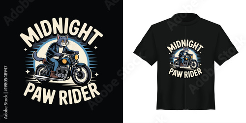 Midnight Paw Rider, Cat Motorcycle Graphic, T-Shirt Design, Vector Illustration