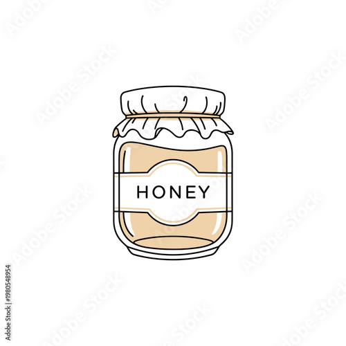 Honey jar with lid in simple line art style on white background