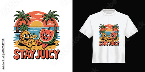 Tropical beach graphic, stay juicy t-shirt design, summer vacation vector, orange sunset illustration