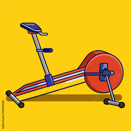 A vibrant illustration of a stationary exercise bike with red, blue, and orange accents on a yellow background