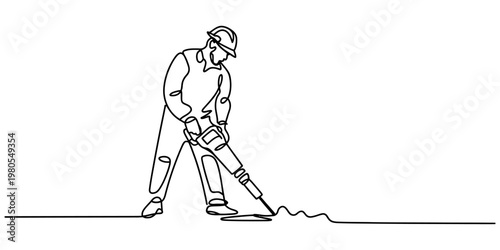 A single continuous line drawing of a construction worker using a heavy duty jackhammer tool Vector, illustration