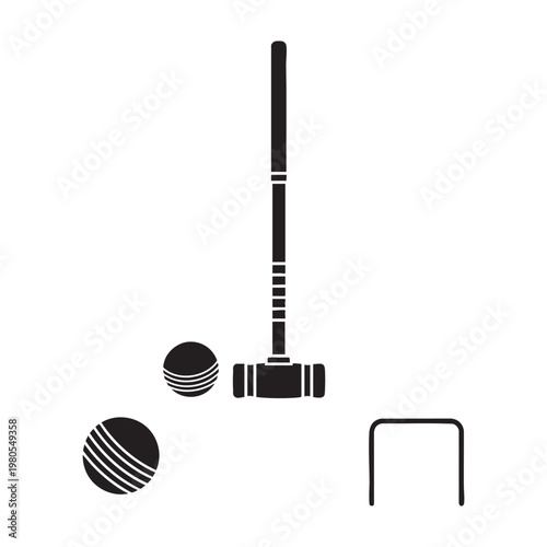 Fotografie Croquet garden game icons with mallet balls and hoop