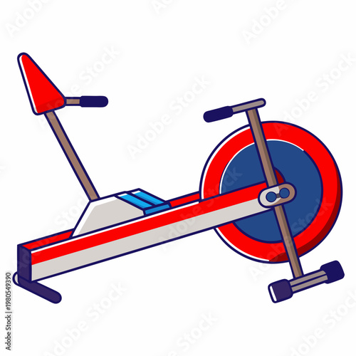 A vibrant cartoon illustration of a red, white, and blue exercise bike for fitness and home workout