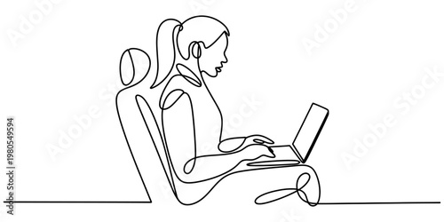 A continuous line drawing of a woman working on her laptop while sitting comfortably in a chair Vector, illustration