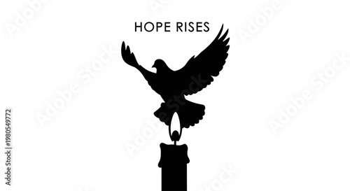 Black silhouette of a flying dove rising from a burning candle flame with the text Hope Rises.
