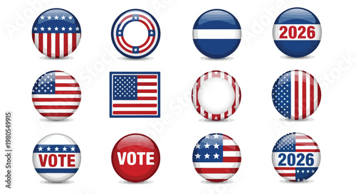 American Election Vote Buttons Set, 12 Glossy Patriotic Badges with 2026 Text, Red White and Blue USA Flag Campaign Pins for Political Voting