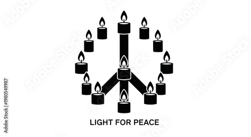 Black and white peace symbol formed by glowing candles illustration.
