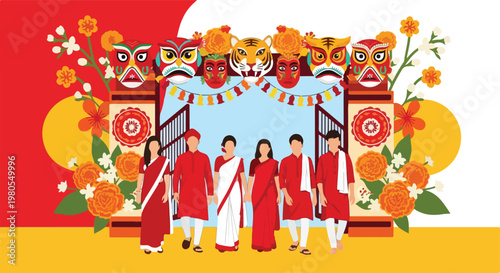 People in traditional red and white attire celebrating a cultural festival, walking through a decorated archway with masks and flowers.