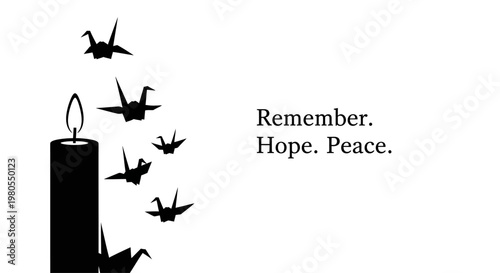Black and white silhouette of a memorial candle with origami paper cranes.