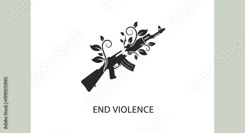 Black silhouette of an assault rifle entwined with floral vine branches symbolizing peace and ending violence.
