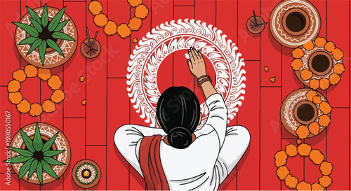 Overhead view of a person drawing a beautiful white rangoli pattern on a red floor surrounded by marigold garlands, potted plants, and clay pots, depicting a traditional Indian festival or ritual.