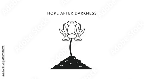Minimalist line art illustration of a blooming lotus flower growing from dark soil.