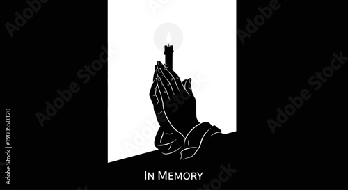 Black and white illustration of hands clasped in prayer with a burning candle.