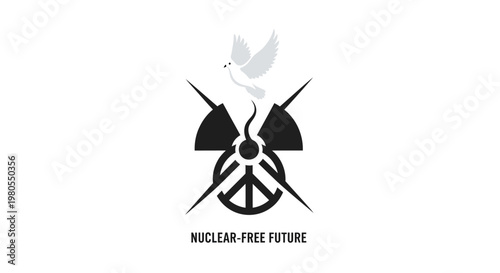 Nuclear free future concept with peace symbol and dove illustration.