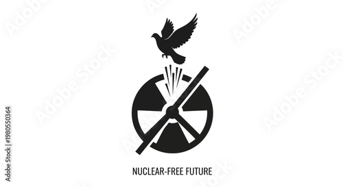 Nuclear free future symbol with a dove and radiation warning sign.
