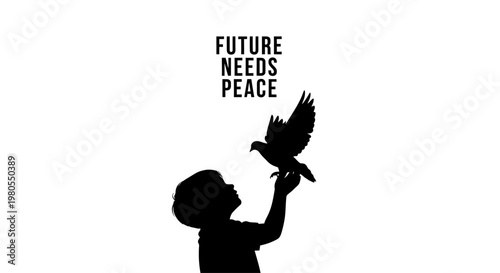 Silhouette of a young child holding a dove of peace.