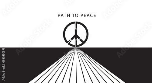Minimalist graphic illustration of a peace symbol on a converging road.