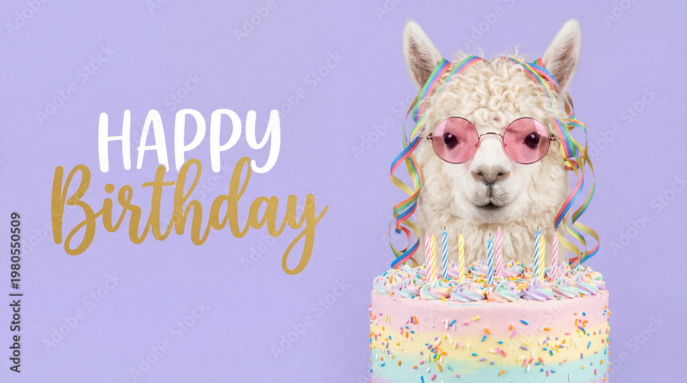 Fototapeta premium Funny white alpaca wearing pink sunglasses behind a pastel birthday cake. Happy birthday greeting card with colorful ribbons and lit candles on a purple background