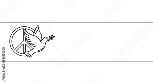 Black and white line art illustration of a peace dove with an olive branch in front of a peace symbol.