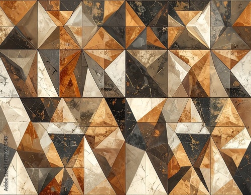 Geometric tessellation of triangular shapes featuring varied textures and colors, including marble and earth tones, creating a complex pattern